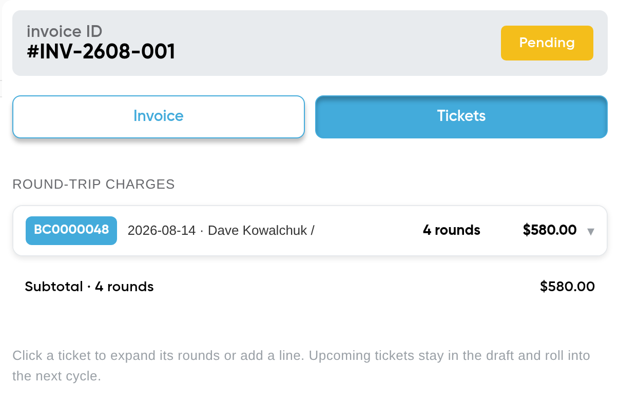 A Tragget invoice in progress: ticket BC0000048, four rounds, $580.00, sitting as a line on invoice INV-2608-001.