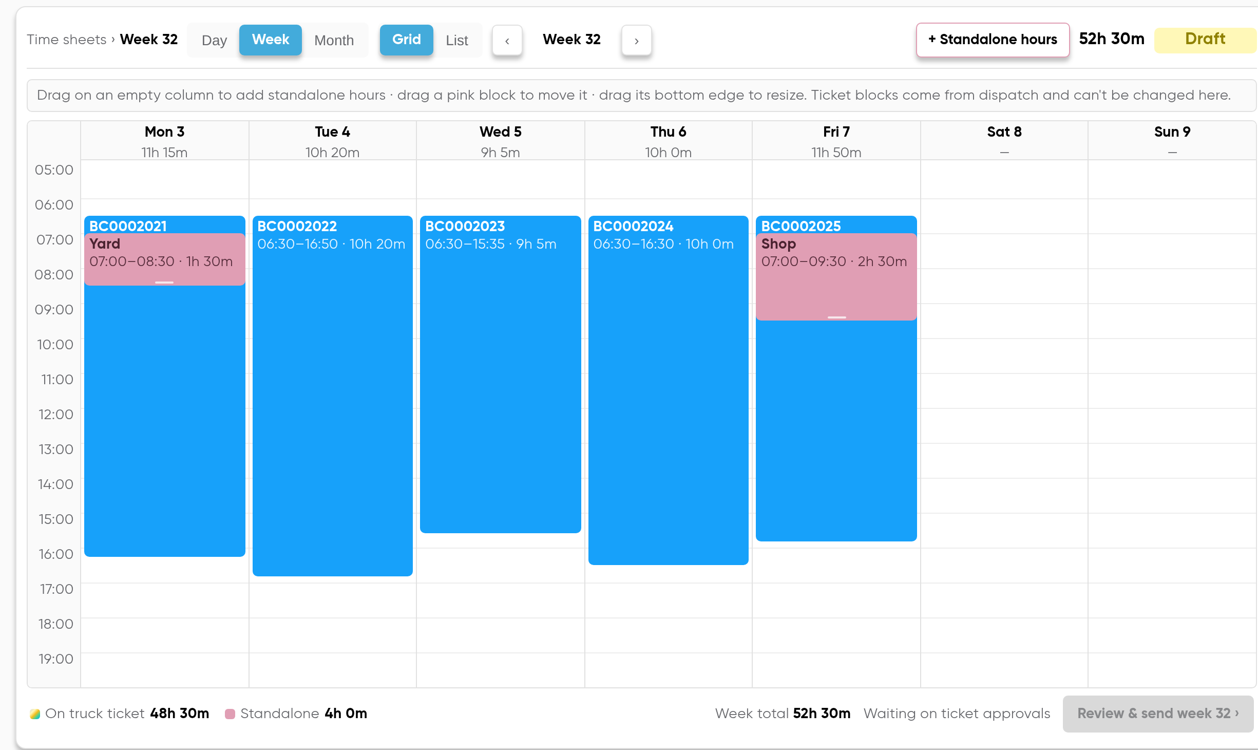 A driver's time sheet for one week: five days of ticket hours from dispatch, a yard block on the Monday and a shop block on the Friday, totalling 48h 30m on truck tickets and 4h 0m standalone