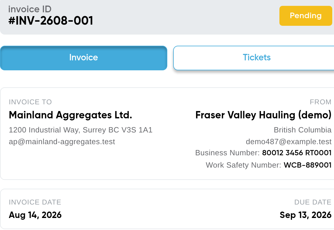 A Tragget invoice from Fraser Valley Hauling: who it is billed to, the sender's business number and work safety number, and the invoice and due dates.